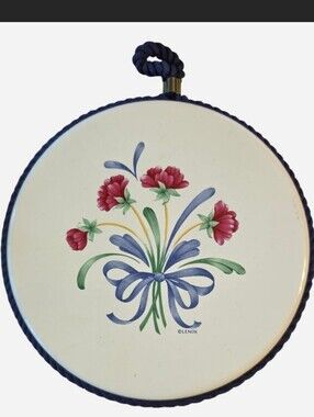 Lenox Poppies Trivet Blue Ribbon with Pink Floral Cottage Grandma
